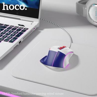 Миша дротова HOCO GM31 Overlord luminous USB, (1200-3600dpi), white-blue