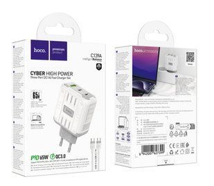 МЗП комплект HOCO C139A з кабелем Type-C-Type-C Rock PD65W (1xUSB,2xType-C) White