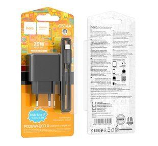МЗП комплект HOCO CS14A з кабелем Type-C to Lightning Ocean 1XUSB, 1XType-C, PD20W QC3.0 Black