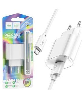 МЗП комплект HOCO C109A з кабелем microUSB (1xUSB, QC3.0, 3A, 18W) white