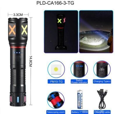 Ліхтар ручний PLD-CA166-3 PM10-TG, zoom, 1 режим, індикатор заряду, 1х18650, ЗП Type-C