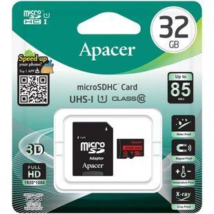 Карта пам'яті 32GB Apacer microSDHC UHS-l Class 10, Up to 85MB/s (c адаптером) (AP32GMCSH10U5-R)