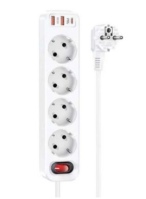 Мережевий фільтр-подовжувач HOCO NS1 Aura 4-bit 4Plug/1PD20W/2USB/QC3.0/4000W/3A/1,8m White