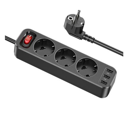 Мережевий фільтр-подовжувач HOCO NS2 3USB/3socket/4000W/1,8m Black