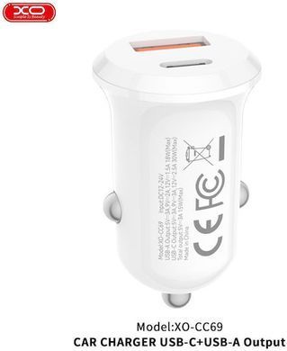 АЗП XO CC69 mini Smart (1xUSB, 1xType-C, 30W) white