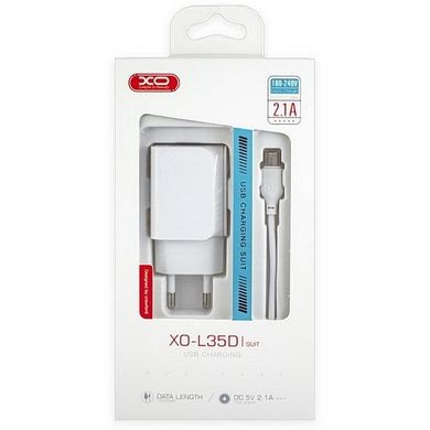 МЗП комплект XO L35D Dual з кабелем microUSB (2xUSB, 2.1A) white