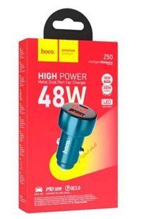 АЗП HOCO Z50 Leader with digital display (1xUSB, 1xType-C, 3A, QC&PD 48W) sapphire-blue
