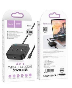 Концентратор Type-C-HUB Hoco HB31 Easy 4-in-1 converter (4xUSB 2.0) 0.2m. (black)