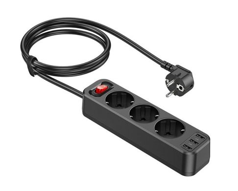 Мережевий фільтр-подовжувач HOCO NS2 (3xUSB+3x220V, 4000W) шнур 1,8m, black