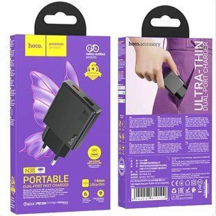 МЗП HOCO N38 Delgado (1xType-C, 1xUSB, QC&PD, 3A, 20W), black