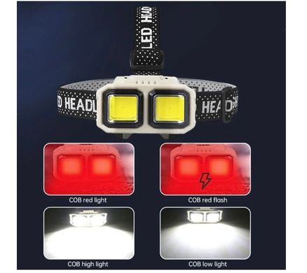 Ліхтар на голову HX-816S-2COB (white+red), детектор руху, 1x18650, Waterproof, ЗП Type-C