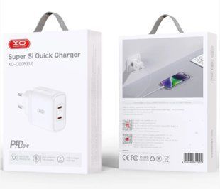 МЗП XO CE08 (EU) PD50W(2х Type-C) PD3.0 QC3.0 Fast Charger CE White