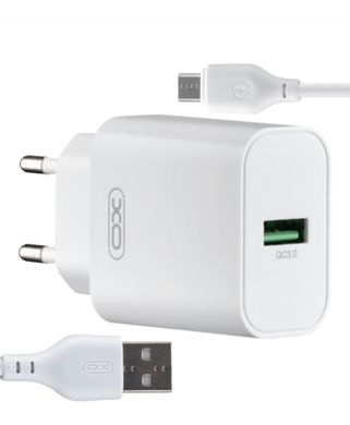МЗП комплект XO L103 з кабелем microUSB (1xUSB, 3A, 18W, QC3.0) white