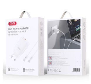 МЗП комплект XO CE16 GaN з кабелем Type-C to Type-C (1xType-C 45W, 1xUSB 22.5W) white