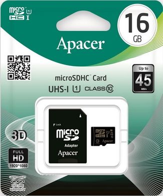 Карта пам'яті Apacer microSDHC 16GB Class 10 UHS-I (з адаптером) (AP16GMCSH10U1-R)