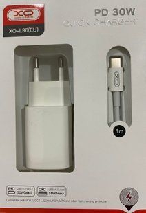 МЗП комплект XO L96 з кабелем Type-C to Type-C (1xUSB, 1xType-C, 3A, 30W, QC3.0) white
