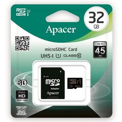 Карта пам'яті Apacer microSDHC 32GB UHS-l Class 10 Up to 45MB/s (c адаптером) (AP32GMCSH10U1-R)