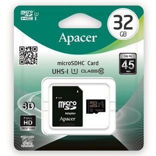 Карта пам'яті 32GB Apacer microSDHC UHS-l Class 10 Up to 45MB/s (c адаптером) (AP32GMCSH10U1-R)