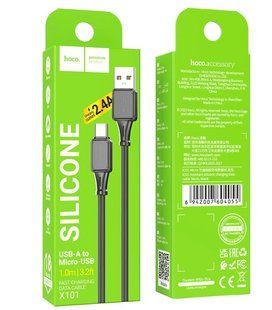 Кабель microUSB HOCO X101 Assistant Silicone (2.4A, 30 pcs/set) 1m. black