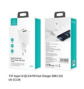 МЗП Usams T37/CC128 (QC/PD 3.0, 1xUSB, 1xType-C, 3A, 20W) white