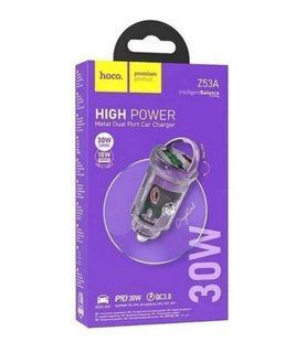 АЗП HOCO Z53A Vision (1xType-C, 1xUSB, QC&PD 3.0, 30W) transparent purple