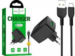 МЗП комплект HOCO C70A з кабелем Type-C, Cutting-edge (1xUSB, QC3.0, 3A) black