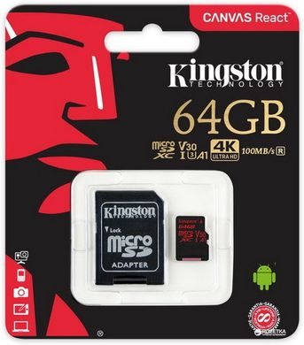 Карта пам'яті Kingston microSDXC 64GB Class 10 UHS-I U3 to 4K (з адаптером) (SDCR/64GB)