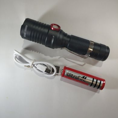 Ліхтар ручний WD202/485-T6, zoom, 1x18650, затискач, заряд від microUSB