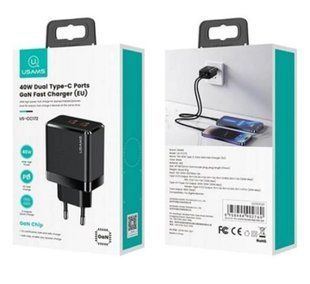 МЗП Usams US-CC172 T54 GaN, (2xType-C, QC/PD 3.0, 3A, 40W) black