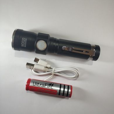 Ліхтар ручний WD203/020-T6, zoom, 1x18650, затискач, заряд від microUSB