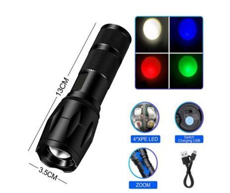 Ліхтар ручний X10-4XPE LED (white+red+blue+green), акум, zoom, заряд від MicroUSB