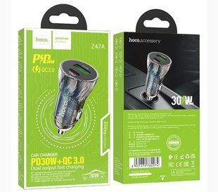 АЗП HOCO Z47A Transparent Discovery Edition (1xUSB, 1xType-C, PD/QC, 30W, 3A) black