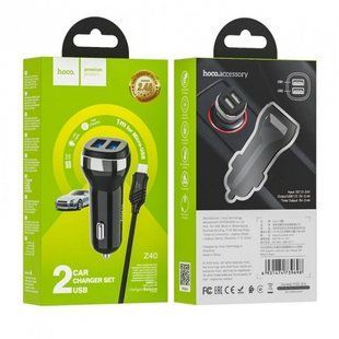 АЗП комплект HOCO Z40 з кабелем microUSB (2xUSB, 2.4A) black